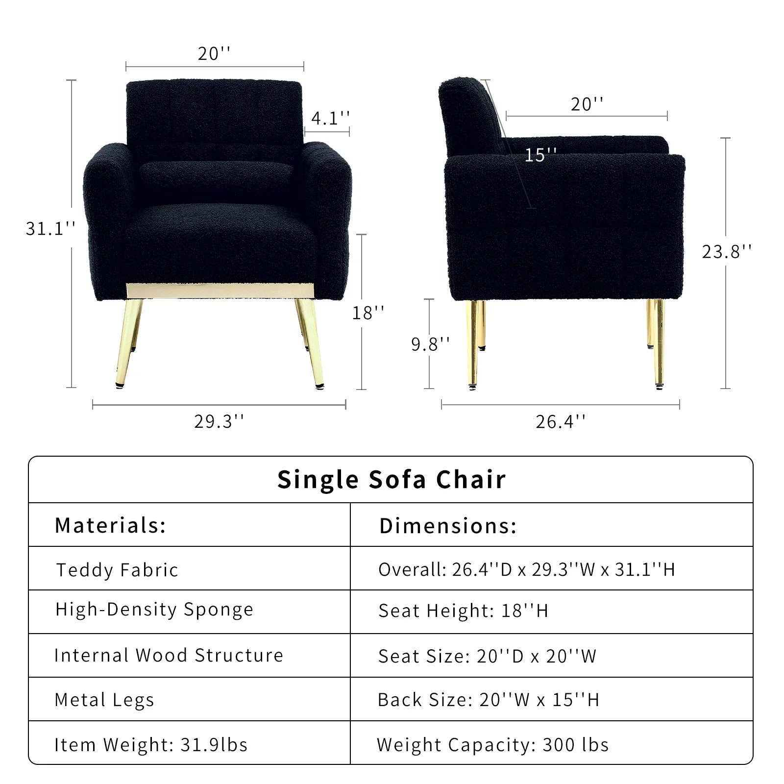 White Modern Accent Chairs for Living Room, Teddy Fabric Arm Chair, Single Sofa Chair Couch, Gold Metal Legs, for Living Room Bedroom Office Leisure (1Pcs, White)