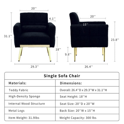 White Modern Accent Chairs for Living Room, Teddy Fabric Arm Chair, Single Sofa Chair Couch, Gold Metal Legs, for Living Room Bedroom Office Leisure (1Pcs, White)