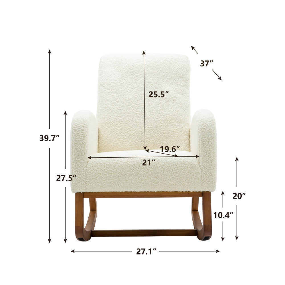 Nursery Rocking Chair, Upholstered Accent Armchair, Wooden Padded Seat with Side Pocket, Nursing Chair with Rubber Wood Legs, Glider Chair for Living Room Bedroom Nursery, White Teddy