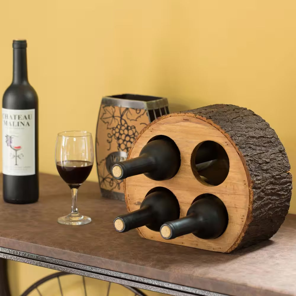 Round Wood Log Style with Bark 4-Bottle Countertop Wine Rack Holder