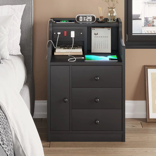 Nightstand with Charging Station USB Port, Bedside Table with Hutch and 3 Drawers, Black