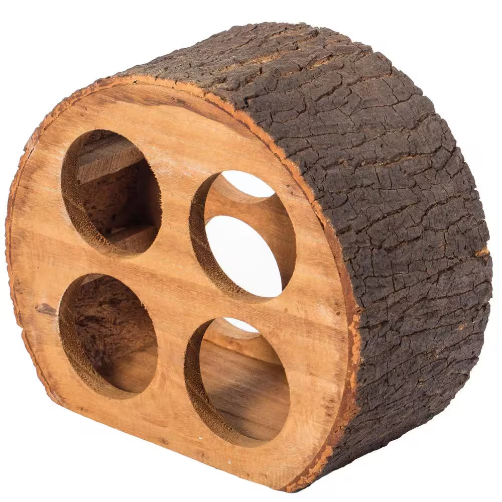 Round Wood Log Style with Bark 4-Bottle Countertop Wine Rack Holder