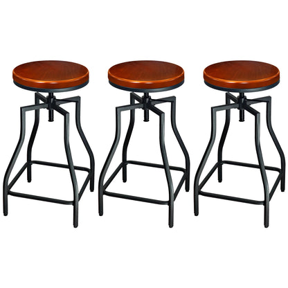 Industrial Adjustable Swivel Metal Kitchen Counter Stool with Wood Veneer Seat, Rustic Brown and Black, Set of 3