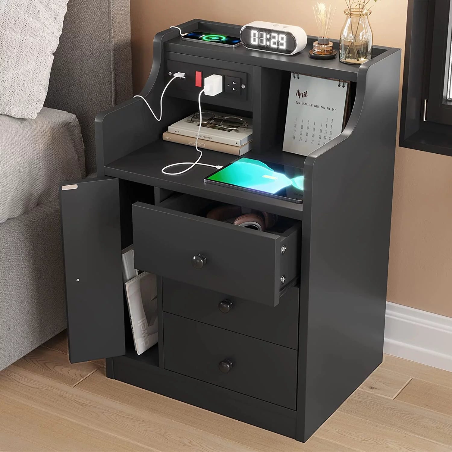 Nightstand with Charging Station USB Port, Bedside Table with Hutch and 3 Drawers, Black