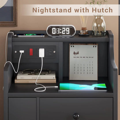 Nightstand with Charging Station USB Port, Bedside Table with Hutch and 3 Drawers, Black