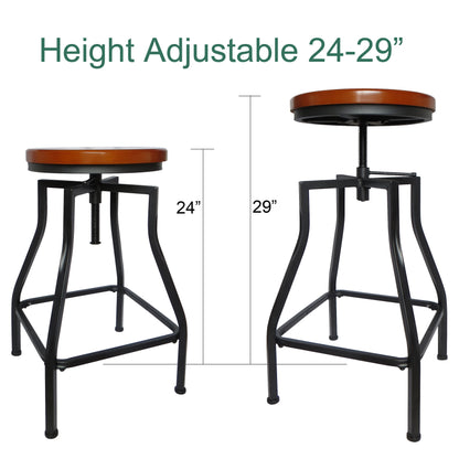 Industrial Adjustable Swivel Metal Kitchen Counter Stool with Wood Veneer Seat, Rustic Brown and Black, Set of 3