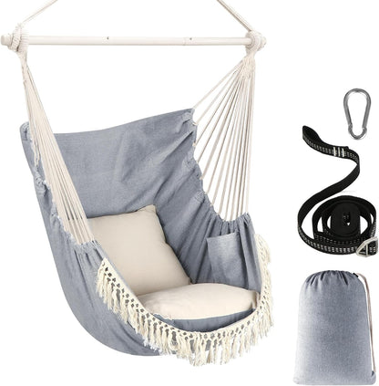 Hammock Chair Hanging Seat 2 Pillows Included,Durable Stainless Steel Spreader Bar Portable Hanging Chair Side Pocket Large Macrame Chair Set Quality Cotton Weave for Comfort Indoor Outdoor