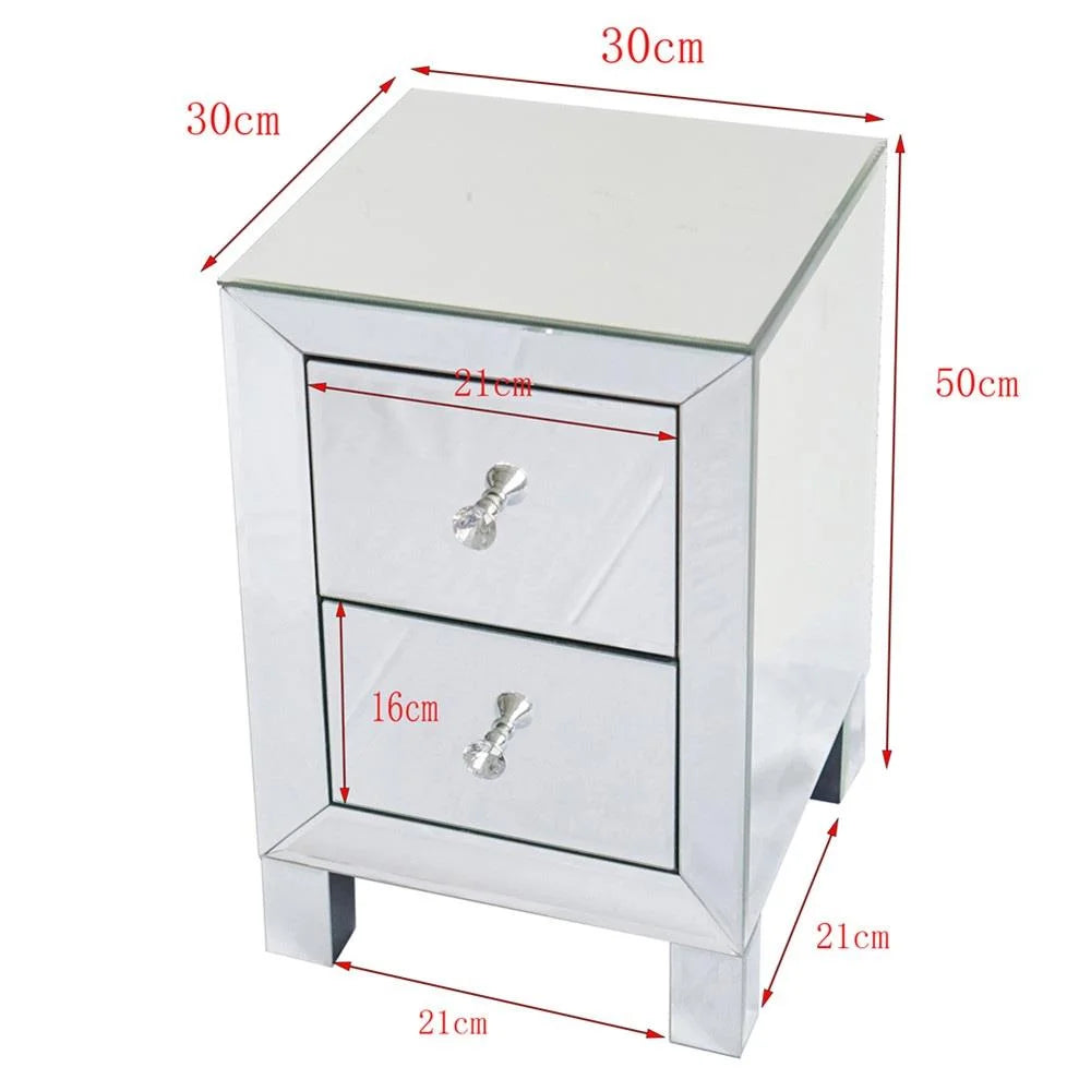 Mirrored Glass Bedside Table, Nightstand with Two Drawers, End Table, Silver