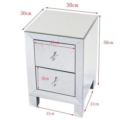 Mirrored Glass Bedside Table, Nightstand with Two Drawers, End Table, Silver