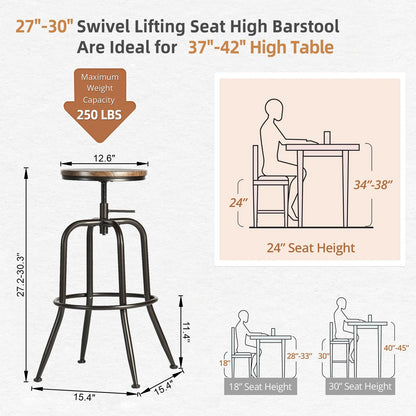 Adjustable Height Bar Stools Set of 4, 27 Inch Saddle Stools for Kitchen Counter Island, Walnut