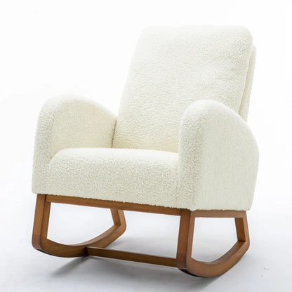 Nursery Rocking Chair, Upholstered Accent Armchair, Wooden Padded Seat with Side Pocket, Nursing Chair with Rubber Wood Legs, Glider Chair for Living Room Bedroom Nursery, White Teddy